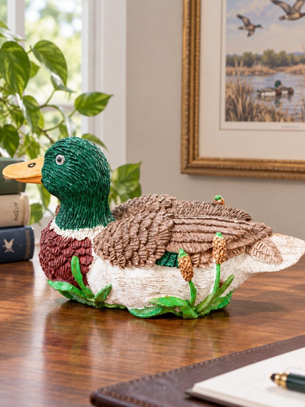 🦆VTG 90s Russ Reel Life Mallard Duck Decorative Statue Office Paperweight Decor